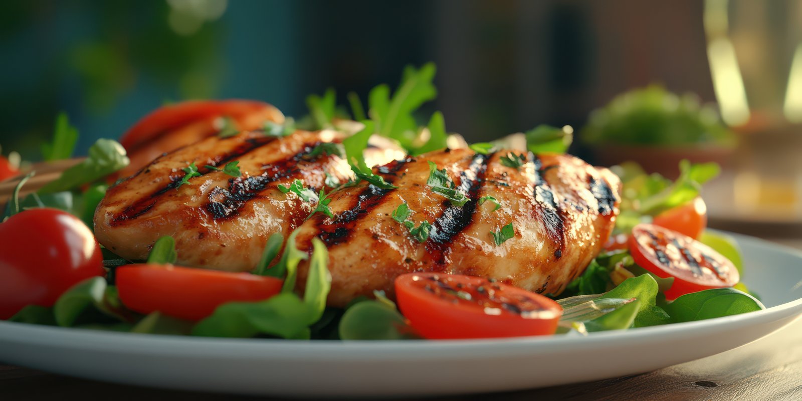 Delicious grilled chicken breast served on a fresh salad with tomatoes and herbs